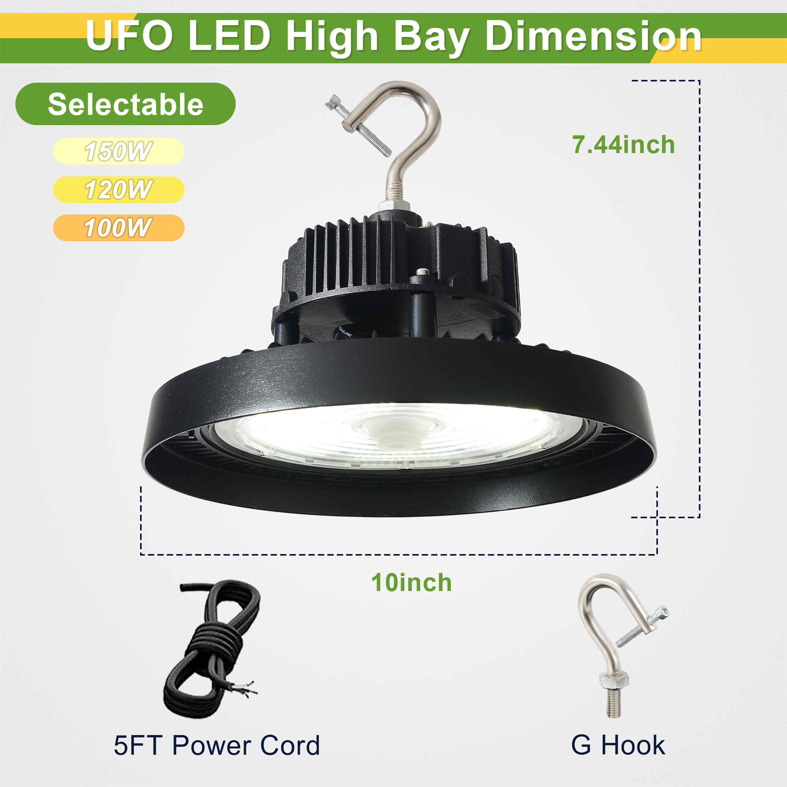 150W/120W/100W TANLITE UFO High Bay LED Fixture-277-480V-Selectable Wattage-CCT 5000K-Up To 21.000 Lumens