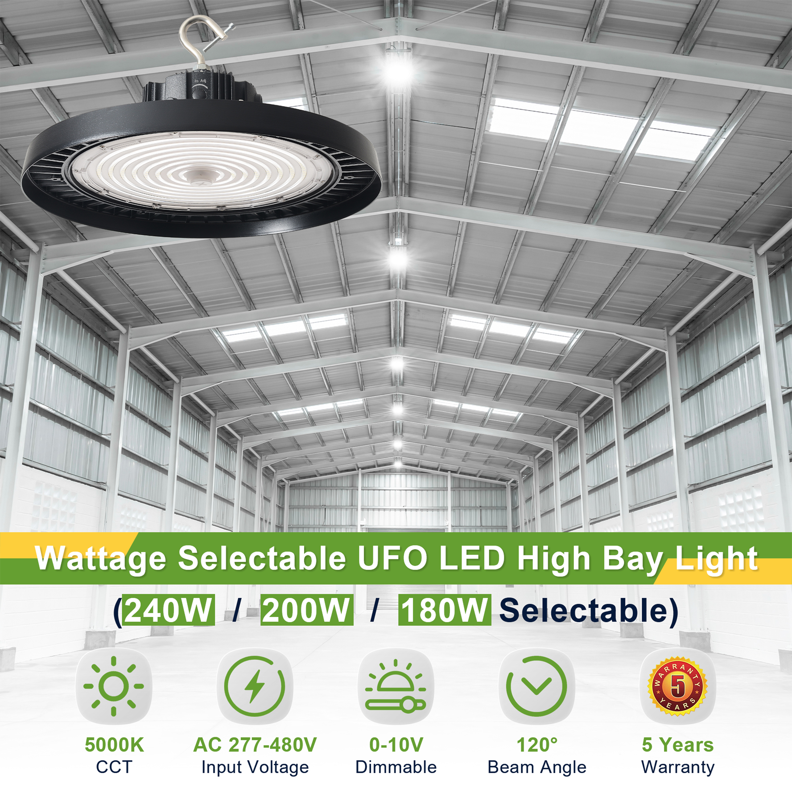 240W/200W/180W-TANLITE UFO High Bay LED Fixture-277-480V-Selectable Wattage-CCT 5000K-Up to 33.600 Lumens