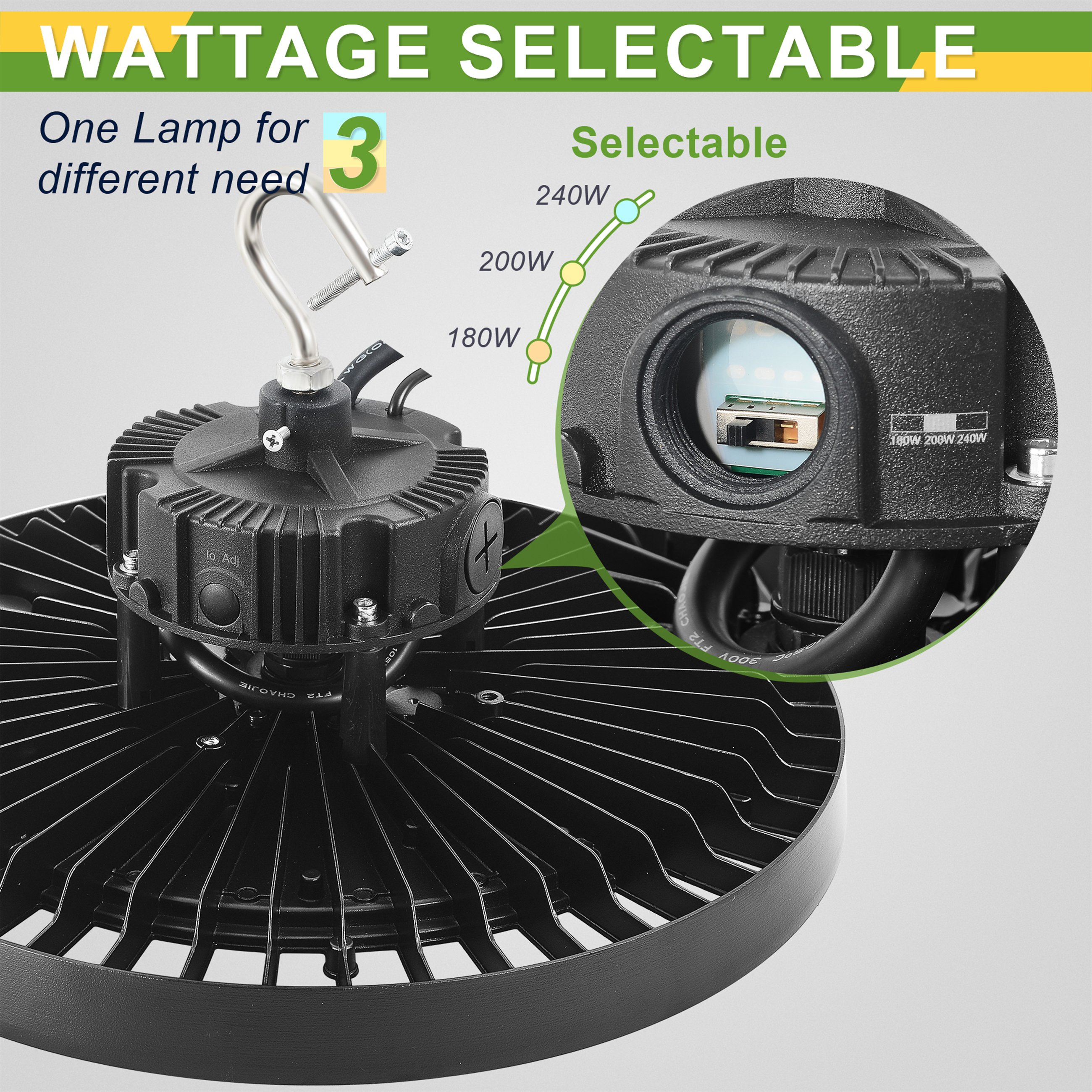240W/200W/180W-TANLITE UFO High Bay LED Fixture-277-480V-Selectable Wattage-CCT 5000K-Up to 33.600 Lumens