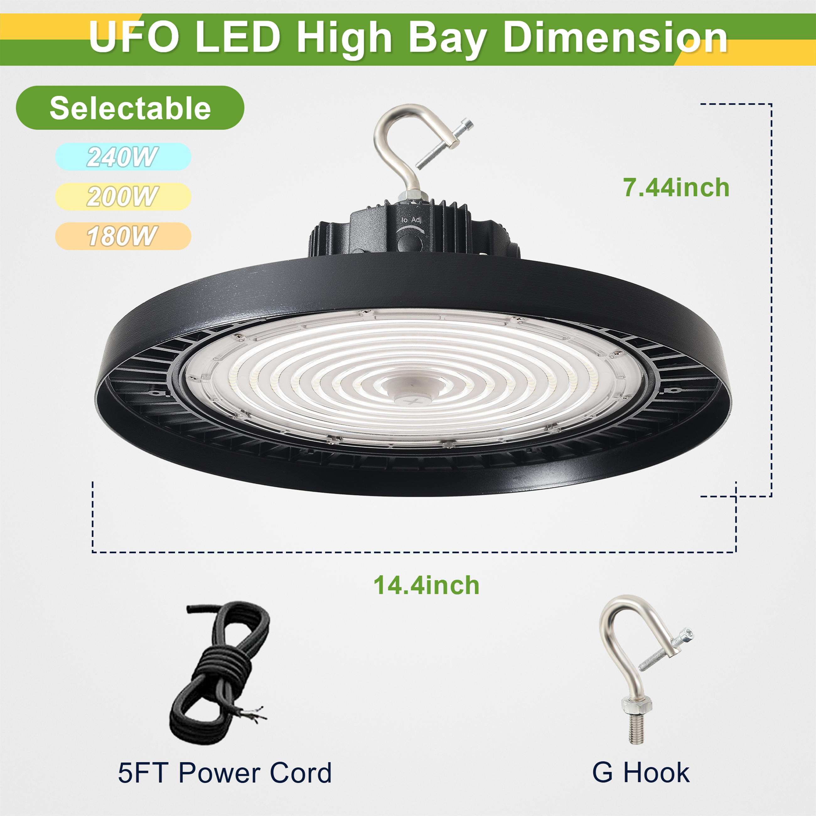 240W/200W/180W-TANLITE UFO High Bay LED Fixture-277-480V-Selectable Wattage-CCT 5000K-Up to 33.600 Lumens