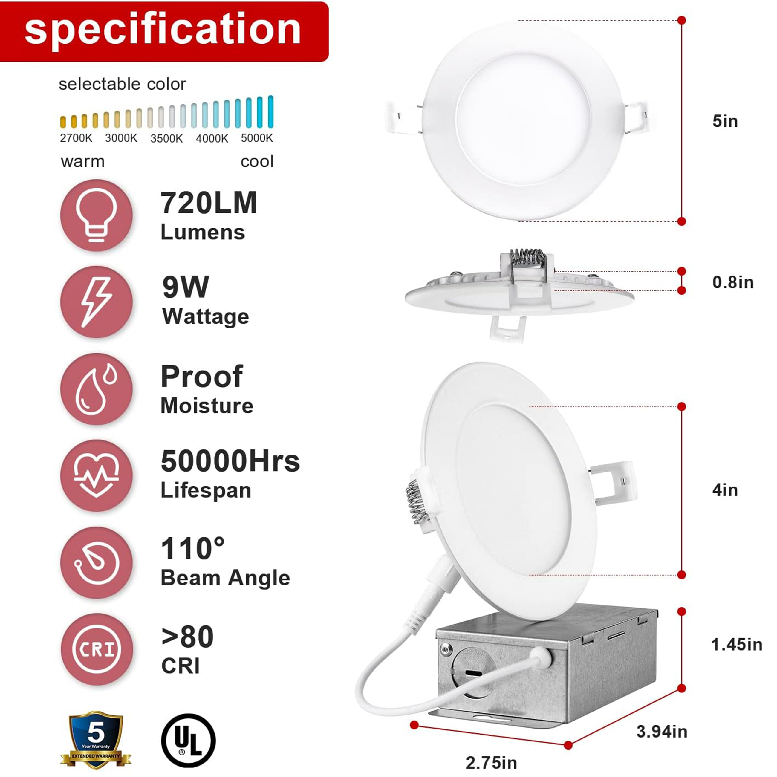 40 Pack-4 inch Ultra-Thin LED Recessed Downlight-Canless-Selectable CCT-Dimmable-2700K/3000K/3500K/4000K/5000K