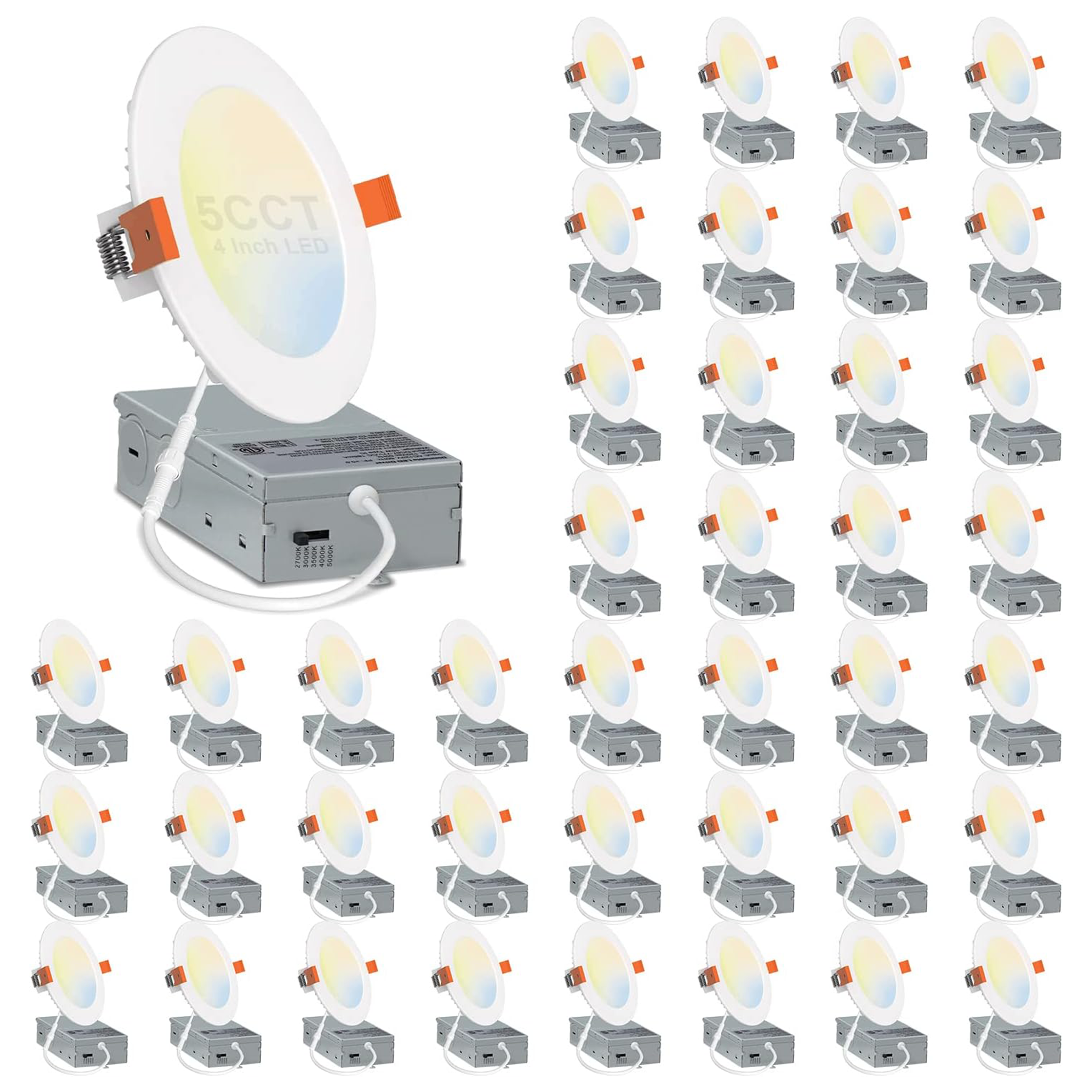 40 Pack-4 inch Ultra-Thin LED Recessed Downlight-Canless-Selectable CCT-Dimmable-2700K/3000K/3500K/4000K/5000K