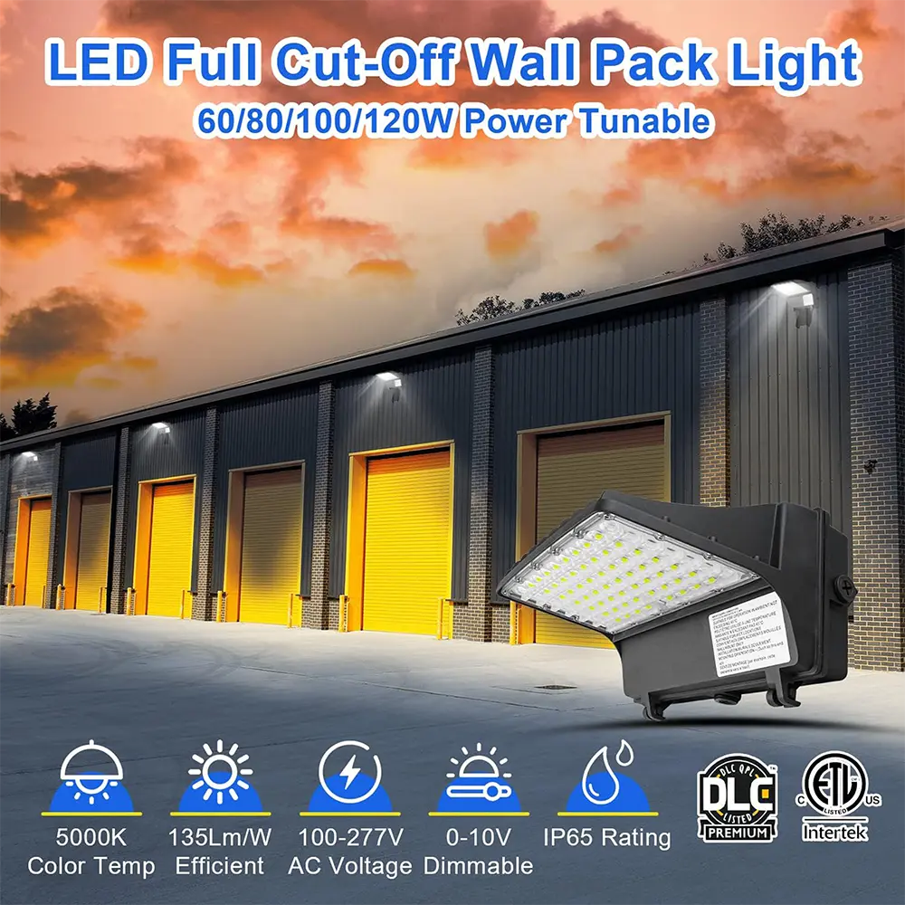 60W 80W 100W 120W Selectable LED Full Cutoff Wall Pack -5,200 Lumens-250W MH Equivalent-5000K-DLC Listed