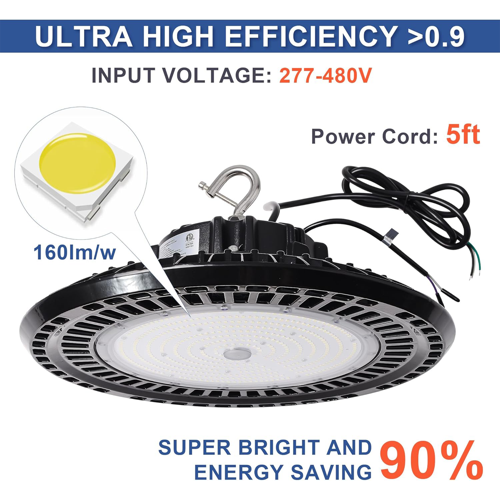 150W 480V LED UFO High bay CCT 5000K AC 277-480V-24.000 Lumens-5 Years warranty-ETL+DLC 5.1