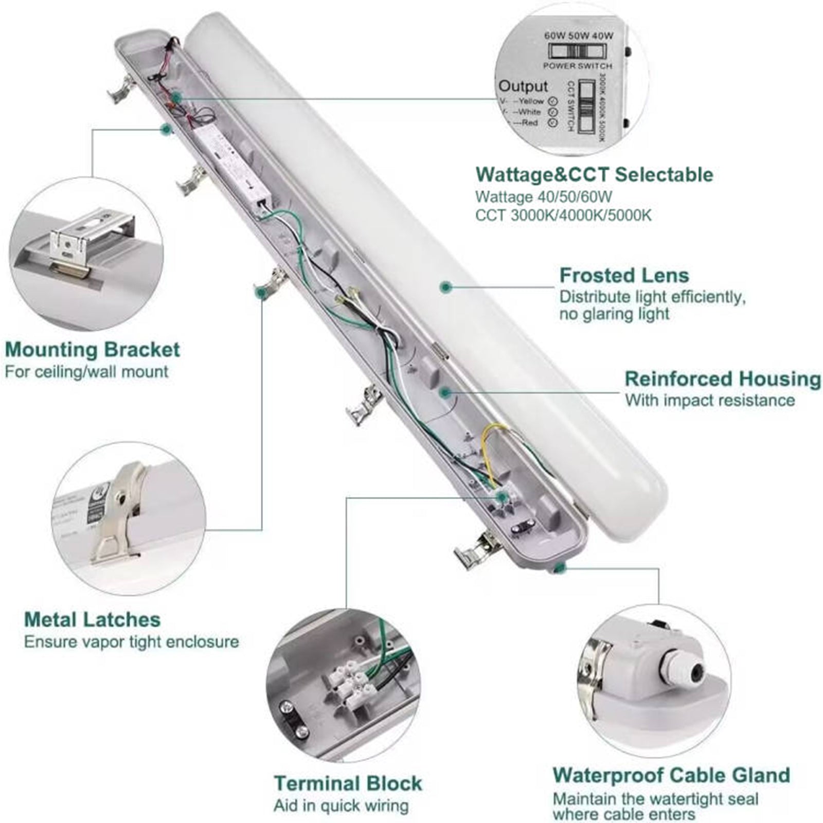 4FT LED Vapor Tight Light.Wattage 30W/40W 60W CCT 3000K/4000K/5000K LED Vapor Proof 4ft Light Fixture for Cold Storage Facilities. Car Washes. Parking Garages. UL Listed (6 Pack)