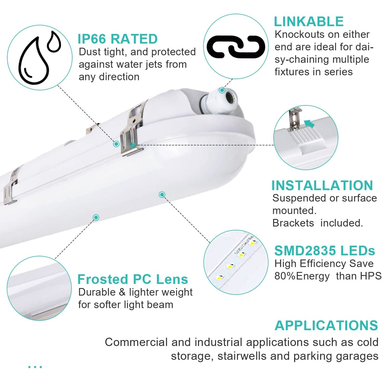 4FT LED Vapor Tight Light.Wattage 30W/40W 60W CCT 3000K/4000K/5000K LED Vapor Proof 4ft Light Fixture for Cold Storage Facilities. Car Washes. Parking Garages. UL Listed (6 Pack)