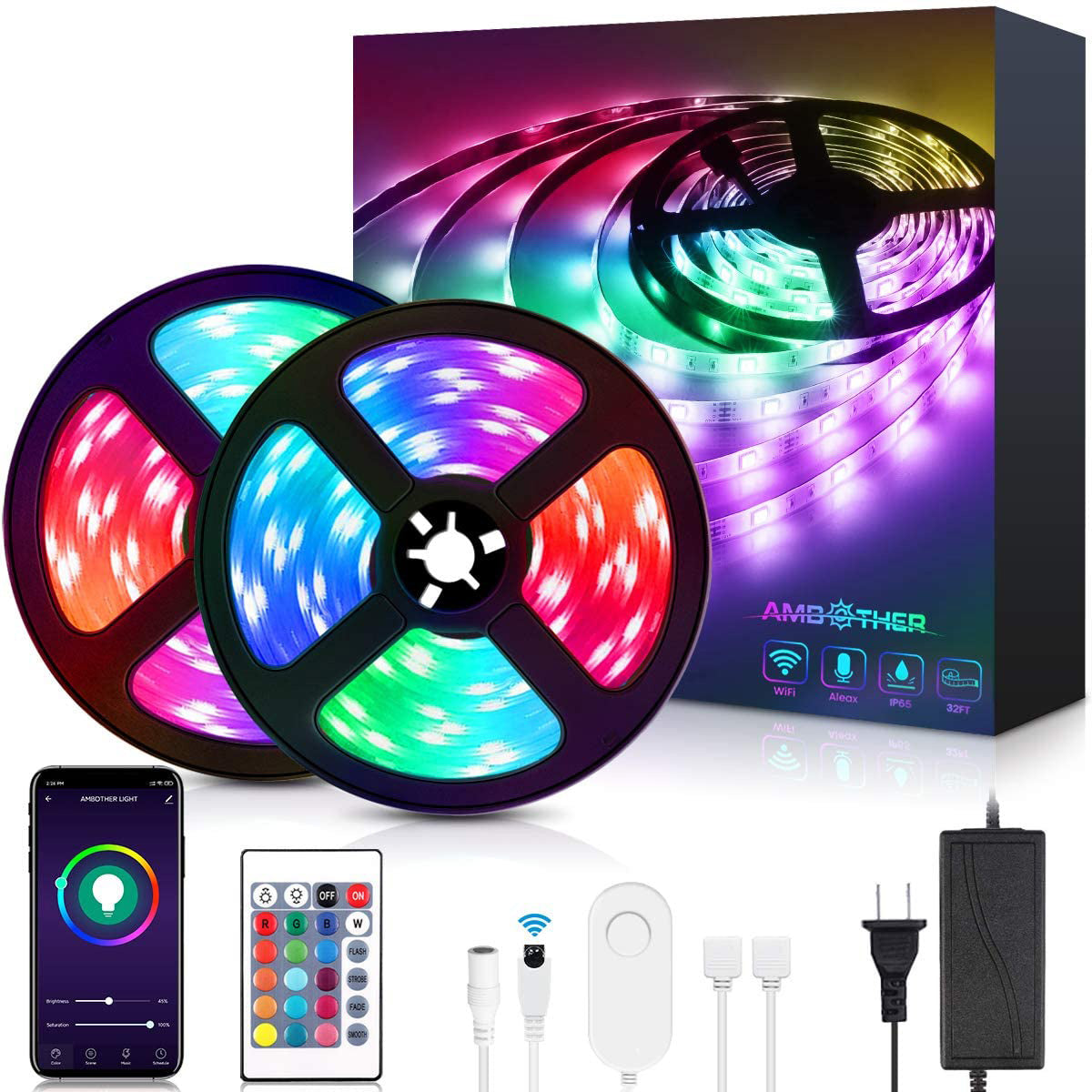 RGB LED Strip Lights 32.8ft WiFi LED Light Strips Works with Alexa Google Assist - LEDLIGHTING WHOLESALE