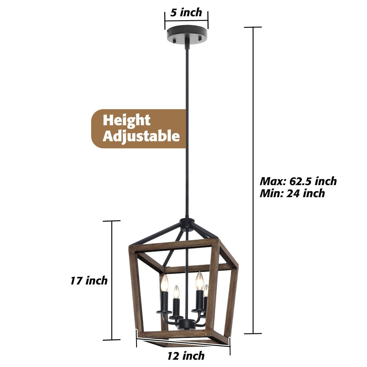 4-Light Chandelier Rustic Metal Pendant Light, Adjustable Height Square Pendant Ceiling Hanging Light Fixture with Oil Rubbed Bronze Finish - LEDLIGHTING WHOLESALE